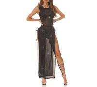 Koucla Hot Cover-up abito maxi abito trasparente senza maniche con taglio gamba e glitter effetto, Nero , S