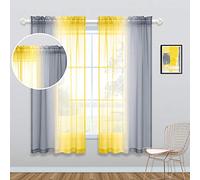 KOUFALL - Tende velate gialle, lunghezza 63 cm, per camera da letto, 2 pannelli, con tasche, tema: girasole, girasole, colore: giallo e grigio