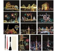 KOUHA Scratch Paper Scratch Art Paper 12 PCS Carta da Grattare Urbana Set di Carta e Penna Fogli da Grattare Vista Notturna Fogli Neri da Grattare Kit per Disegno Bambini Adulti