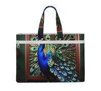 KOUUIP Bella borsa portadocumenti in tela con immagine di pavone con stampa 26 x 38 cm, 2 tasche con cerniera, senza ingombri per documenti da ufficio