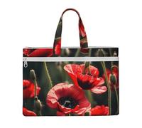 KOUUIP Bella borsa portadocumenti in tela con papaveri rossi con stampa, 26 x 38 cm, 2 tasche con cerniera, senza ingombri per documenti da ufficio