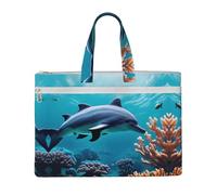 KOUUIP Bella borsa portadocumenti in tela con stampa di delfini del mondo sottomarino, 26 x 38 cm, 2 tasche con cerniera, senza ingombri per documenti da ufficio