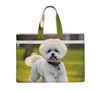KOUUIP Bichon Frise Dog on the grass - Borsa portadocumenti in tela con stampa, 26 x 38 cm, 2 tasche con cerniera, senza ingombri per documenti da ufficio