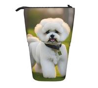 KOUUIP Bichon Frise Dog on the grass stampa astuccio telescopico portapenne astuccio cancelleria, borsa retrattile stand up organizer in piedi, Nero, One Size