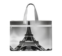 KOUUIP Borsa portadocumenti in tela nera con stampa Torre Eiffel di Parigi, 26 x 38 cm, 2 tasche con cerniera, senza ingombri per documenti da ufficio
