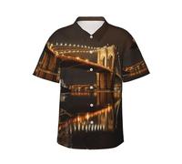 KOUUIP Camicia hawaiana da uomo con ponte di Brooklyn, casual, in spiaggia, estiva, per feste, in tessuto elasticizzato con vestibilità moderna, nero, L
