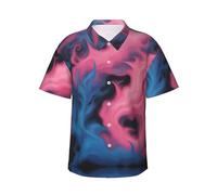 KOUUIP Camicie hawaiane blu e rosa fuoco da uomo, casual, da spiaggia, estate, feste, camicie da uomo, tessuto elasticizzato con vestibilità moderna, nero, L