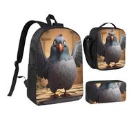 KOUUIP Cartone animato piccione 1 stampa Zaini Con Lunch Pack Pencil Case 3pcs, Leggero Bookbag Unisex per Viaggio
