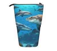 KOUUIP Delfini, tartaruga marina, squalo, polpo, barriera corallina, astuccio telescopico, portapenne, cancelleria, borsa retrattile a piedi, organizer da terra, Nero , taglia unica