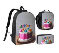 KOUUIP Happy Birthday Cake Print Zaini con portapranzo 3 pezzi, leggero borsa per libri unisex per viaggi