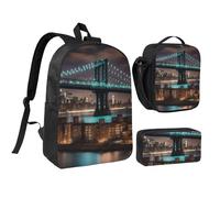 KOUUIP New York Manhattan Bridge Night Print Zaini con portapranzo astuccio 3 pezzi, borsa leggera unisex per viaggi