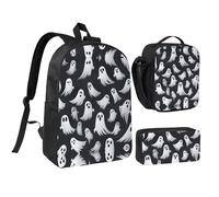 KOUUIP Simpatico fantasma bianco Halloween Pattern 1 stampa Zaini con Lunch Pack Pencil Case 3 pezzi, leggero bookbag unisex per viaggi