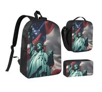 KOUUIP Statua della Libertà Stampa Bandiera Zaini Con Lunch Pack Astuccio 3 pezzi, Leggero Bookbag Unisex per Viaggi