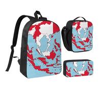 KOUUIP Zaini con stampa astratta della bandiera indonesiana Map01 con astuccio portapranzo, 3 pezzi, borsa leggera unisex per viaggi