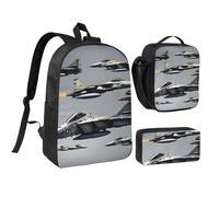 KOUUIP Zaini con stampa di aerei da combattimento con astuccio portapranzo, 3 pezzi, borsa leggera unisex per viaggi