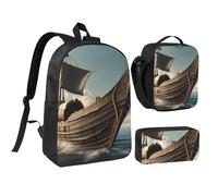 KOUUIP Zaini con stampa di barche vichinghe antiche con astuccio portapranzo, 3 pezzi, borsa leggera unisex per viaggi