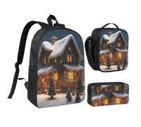 KOUUIP Zaini con stampa di casa del villaggio natalizio con 3 astucci per il pranzo, 3 pezzi, borsa leggera unisex per viaggi, nero, Taglia unica