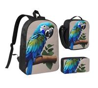 KOUUIP Zaini con stampa di pappagallo blu che abbraccia 1 con astuccio per il pranzo, 3 pezzi, borsa leggera unisex per viaggi