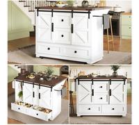 kowdom Isola da cucina mobile con ruote e tavolo pieghevole, credenza con 3 cassetti e 2 ante scorrevoli, in MDF e metallo bianco, dimensioni 142,5 x 45-73 x 92,5 cm