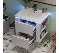 kowdom Mobile sottolavabo da 61 cm, bianco, con sensore radar LED e lavabo in ceramica, mobiletto da bagno con 2 cassetti a chiusura rallentata, laccato resistente all'umidità