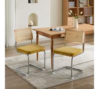 kowdom Set di 2 sedie da pranzo a dondolo con rattan e velluto, sedia imbottita, design Mid-Century, sedia intrecciata con telaio tubolare in acciaio, colore oro, portata 163 kg