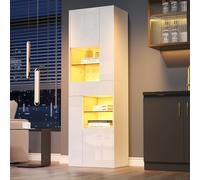 kowdom Vetrina sottile in vetro con LED app, 55 cm di larghezza, con 11 ripiani e cassetto, bianco lucido, con protezione antiribaltamento, per soggiorno