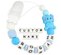Kowlone Clip Ciuccio con Nome Personalizzata Catenella Portaciuccio Elefante Porta ciuccio per Bambini(Blu)