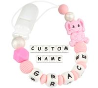 Kowlone Clip Ciuccio con Nome Personalizzata Catenella Portaciuccio Elefante Porta ciuccio per Bambini(Rosa)