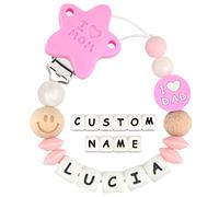 Kowlone Clip Ciuccio con Nome Personalizzata Catenella Portaciuccio Mamma Papà Porta ciuccio per Bambini(Rosa)