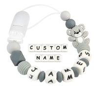 Kowlone Clip Ciuccio con Nome Personalizzata Catenella Portaciuccio Teddy Orso Porta ciuccio per Bambini(Grigio)