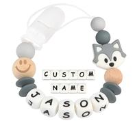 Kowlone Clip Ciuccio con Nome Personalizzata Catenella Portaciuccio Volpe Porta ciuccio per Bambini(Grigio)