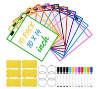 Koxtyzo 10 Pezzi Resuable Dry Erase Pocket, Sacchetti Riutilizzabili e Lavabili A4 Trasparenti Tasche 35 x 25cm, con 12 Penne 6 Gomme e 8 Occhielli in Metallo per Ufficio e Scuola
