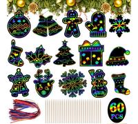 Koxtyzo 60 Pezzi Scratch Art Bambini Natale, Natalizie Carta da Grattare Arcobaleno, Natale Fogli di Disegni Scratch, con 60 Corde Colorate e 30 Penna in Legno, per Decorazioni Festive