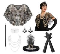 Koxtyzo 7 Pezzi Set di Accessori Anni '20, Gatsby Accessori Anni 20 Donna, 1920 Charleston Accessori Costume Set con Fascia, Guanti, Bracciale, Collana, Orecchini, Scialle, per Halloween Carnevale