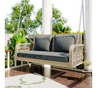 kozamas Altalena da giardino a 2 posti, set da giardino per esterni, in polyrattan, resistente alle intemperie, in rattan beige con cuscino rimovibile per seduta e schienale per balcone e terrazza