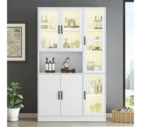 kozamas Armadio alto 200 cm con illuminazione a LED e porta USB, combinazione di porte in acrilico e legno, vetrina con 4 ripiani regolabili, armadio soggiorno per libri