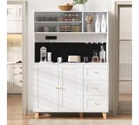 kozamas Credenza a buffet da cucina con vetro allagato e stazione di ricarica integrata, 3 cassetti, porta bicchieri e ripiani regolabili, bianco/oro con dispositivo antiribaltamento, 184 cm, per
