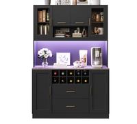 kozamas Credenza a LED e presa elettrica controllata da app con 6 ante, 2 cassetti e cantina per vino, nero/oro con dispositivo antiribaltamento, 180 cm/120 cm/60 kg, per cucina e soggiorno