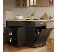 kozamas Isola della cucina 120 x 50 x 92 cm con ruote, vano contenitore per rifiuti, 2 ante e 3 cassetti, carrello da portata in MDF e metallo, colore nero