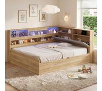 kozamas Letto in legno 140 x 200 cm con spazio idraulico - Lettino per bambini e ragazzi con USB, USB-C e illuminazione a LED, incl. rete a doghe, colore naturale, per cameretta dei bambini e piccoli