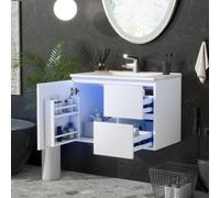 kozamas Mobile sottolavabo bianco con sensore radar a LED, armadio da bagno a parete e 2 cassetti, mobile da bagno completamente laccato e 2 scomparti aperti, lavabo 61 x 48,5 cm, per piccoli bagni