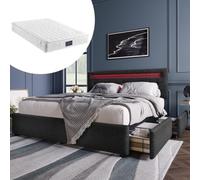 kozamas Set completo matrimoniale con materasso a molle a 7 zone per letto matrimoniale, letto imbottito 140 x 200 cm, con illuminazione a LED, 4 cassetti e testiera regolabile in altezza, colore nero