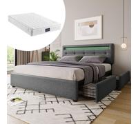 kozamas Set completo matrimoniale con materasso a molle a 7 zone per letto matrimoniale, letto imbottito 140 x 200 cm, con illuminazione a LED, 4 cassetti e testiera regolabile in altezza, colore