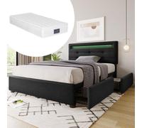 kozamas Set completo per letto singolo con illuminazione a LED e materasso, 90 x 200 cm, con 2 cassetti e testiera regolabile in altezza, struttura del letto con materasso a molle a 7 zone, colore