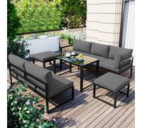kozamas Set di mobili da giardino in alluminio per esterni con 4 funzioni regolabili - Include 2 sgabelli e tavolino da caffè in vetro, mobili da terrazza e balcone, leggero, antiruggine, confezione