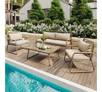 kozamas Set di mobili da giardino per 4 persone, lussuoso set per esterni con divano doppio e 2 divani singoli, resistente alle intemperie, vetro temperato, ferro zincato, gambe regolabili, beige per