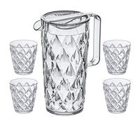 Koziol Superglas CRYSTAL KANNE 1,6 l con 4 bicchieri da 200 ml, set infrangibile in plastica trasparente effetto diamante, impilabile e lavabile in lavastoviglie, per feste, campeggio e cocktail