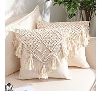 KOZYLAND Set di 2 federe per cuscini in macramè, in stile bohémien, per letto, divano, panchina, auto, decorazione per la casa, comode, quadrate con nappe, 43 x 43 cm, crema