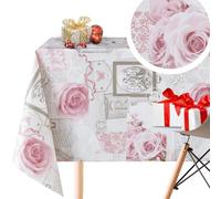 KP HOME Tovaglia Plastificata Rettangolare 250x140cm, Grigio Tovaglia Cerata Shabby Chic per Tavolo da 8 Posti, PVC Facile da Pulire, Impermeabile, Antimacchia con Motivo Rose Inglesi Rosa Polveroso