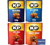 KP Nuts Share Bag Varietà Pack contiene arachidi salate originali (250g) Miele arrosto arachidi (225g) Sapore di sale e aceto (225g) e peperoncino piccante (225g)